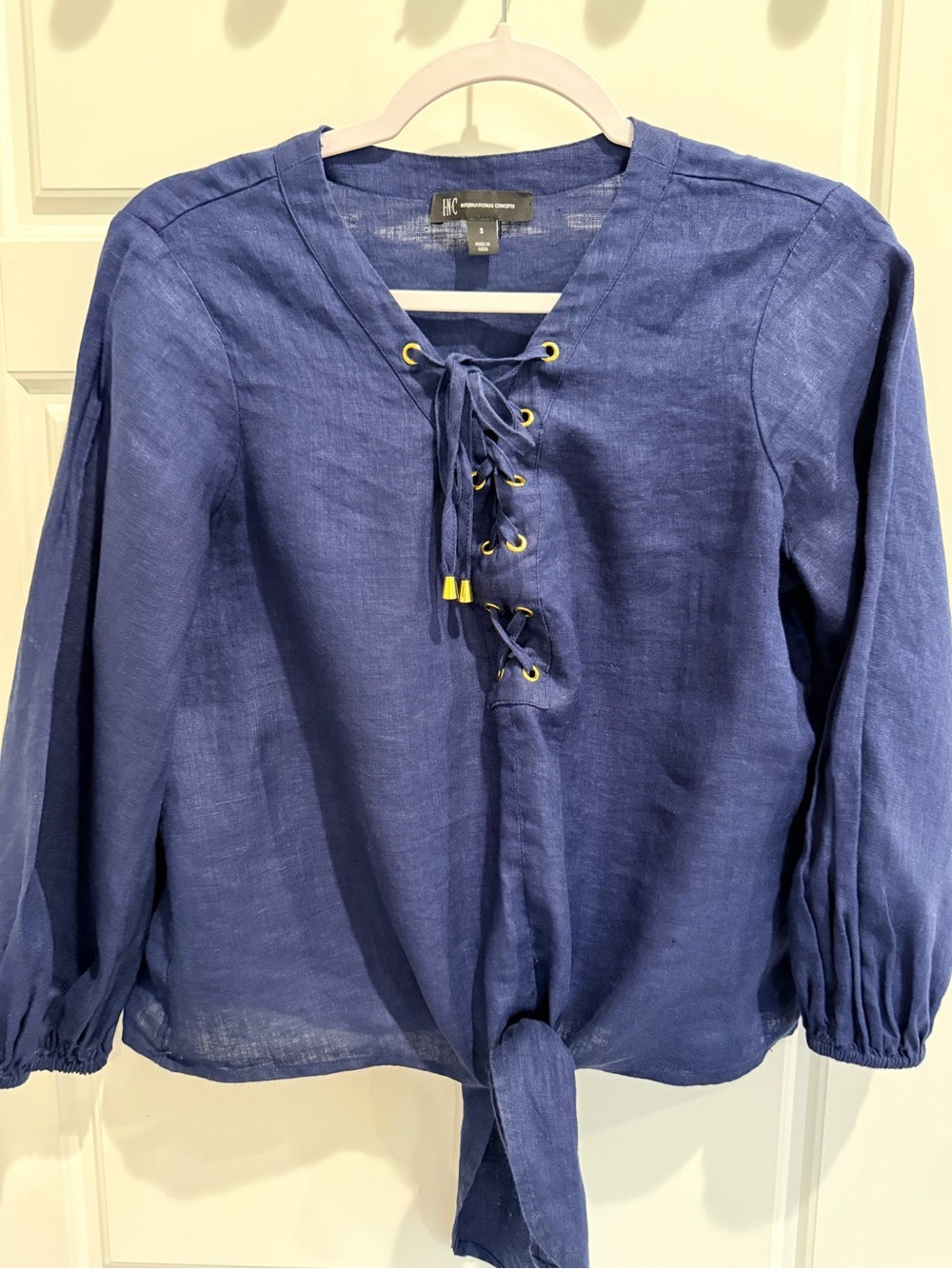 INC International Size S Concepts 100% Linen Navy Top Lace Up V Neck - Tie Front